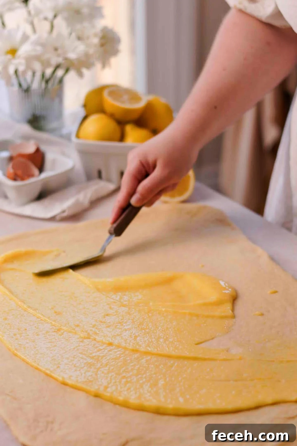 spreading lemon curd onto dough