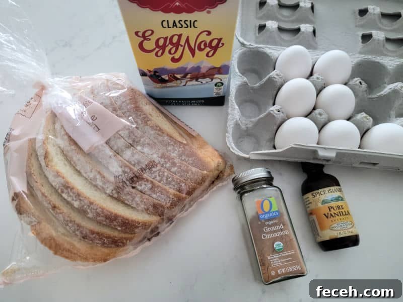 Eggnog French Toast ingredients, sliced bread, classic eggnog, eggs, ground cinnamon, pure vanilla