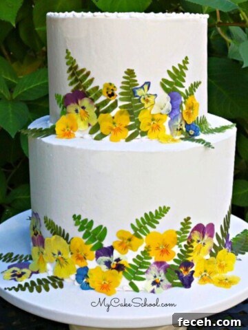 Pressed Flowers Cake on a cake pedestal.