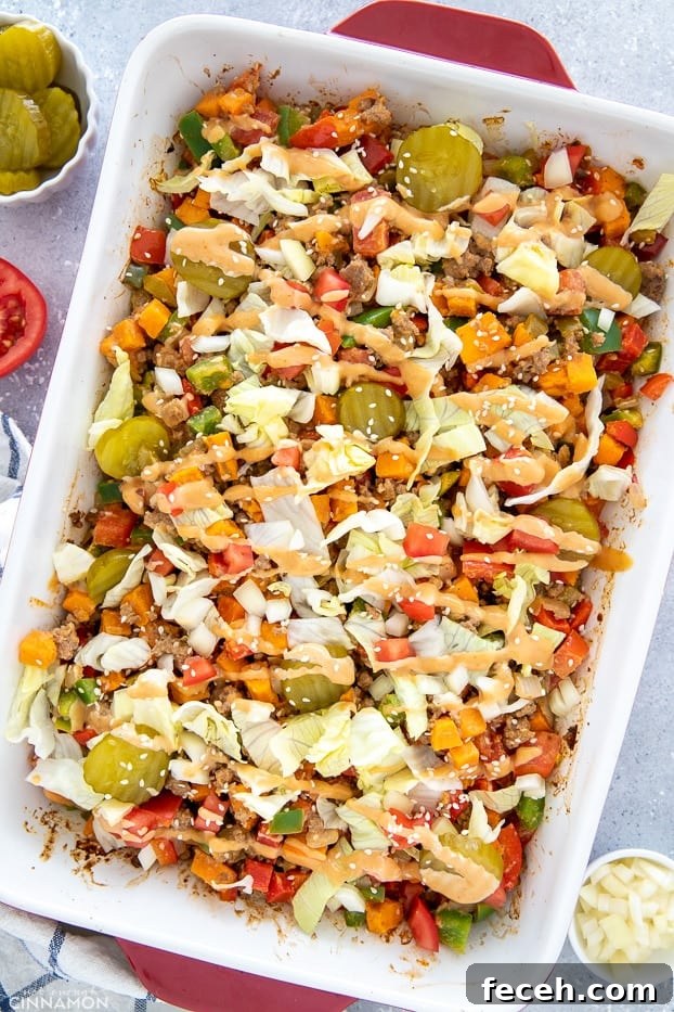 overhead shot of a healthy burger casserole drizzled with homemade special sauce
