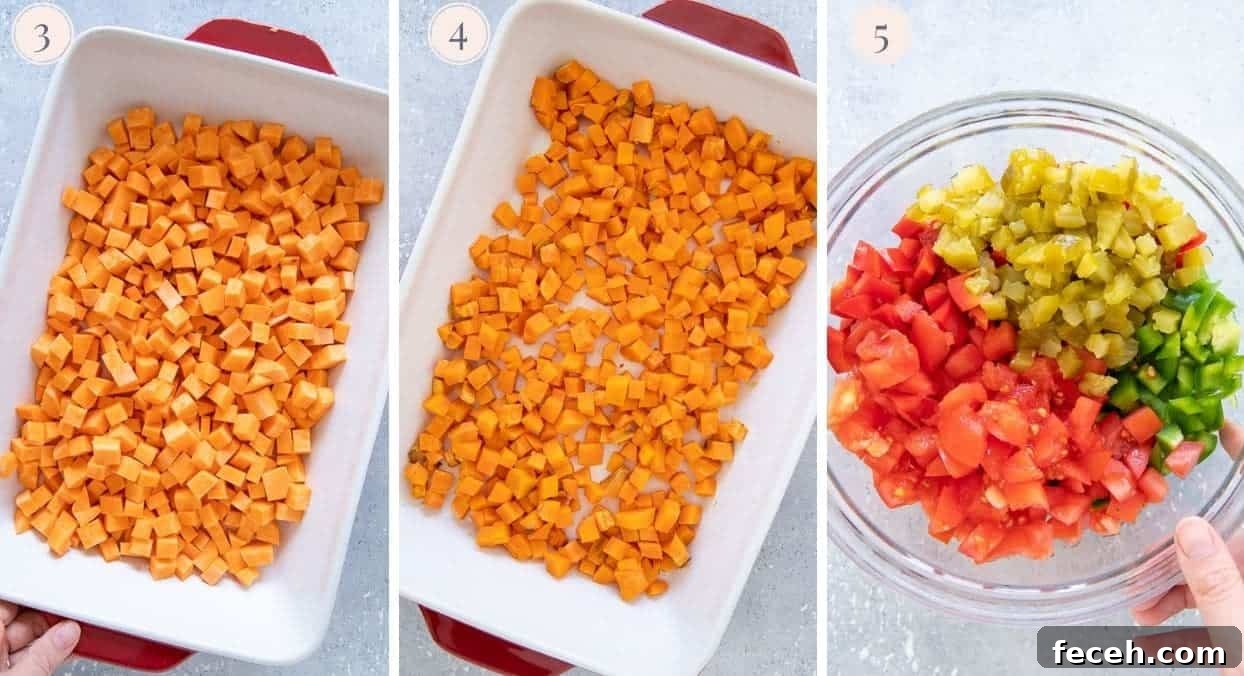 picture collage demonstrating how to roast sweet potatoes and chop vegetables for burger casserole recipe