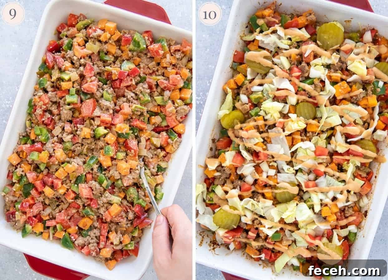 picture collage demonstrating how to assemble burger casserole recipe 