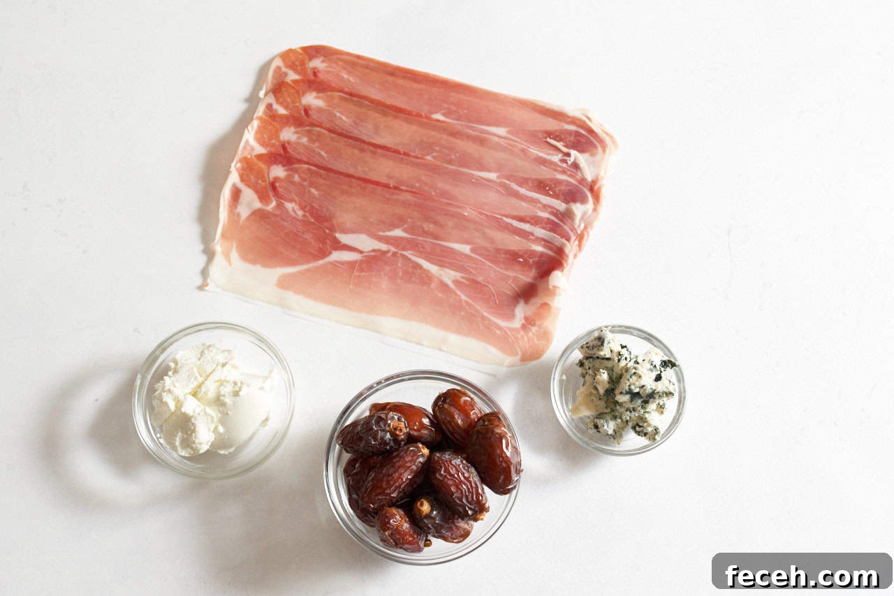 Prosciutto-Wrapped Dates with Goat Cheese and Honey Drizzle 3 Sliced prosciutto, and small bowls of dates, goat cheese, and blue cheese.