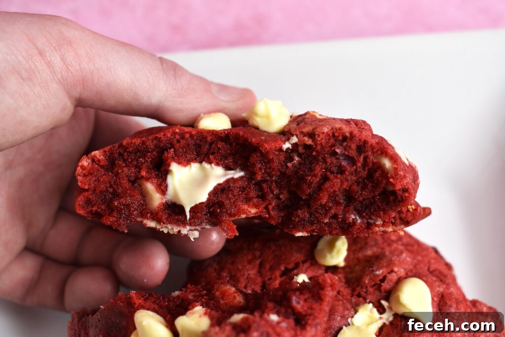 Red velvet cookie split in half.