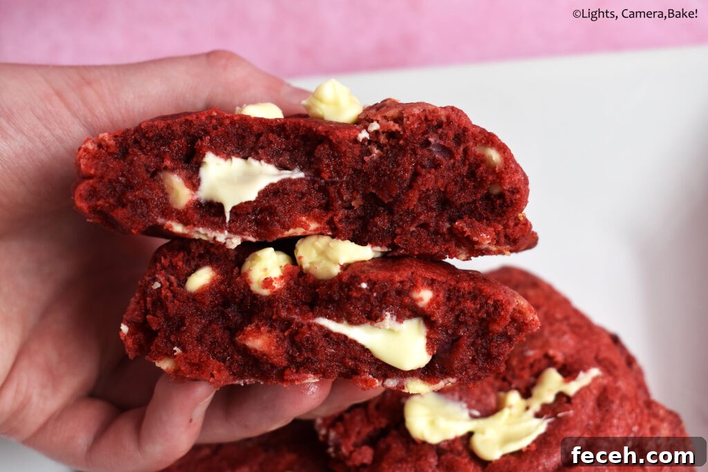 Bakery style red velvet cookies on a pink background.