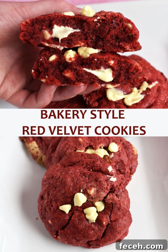 Two images of red velvet cookies with words.