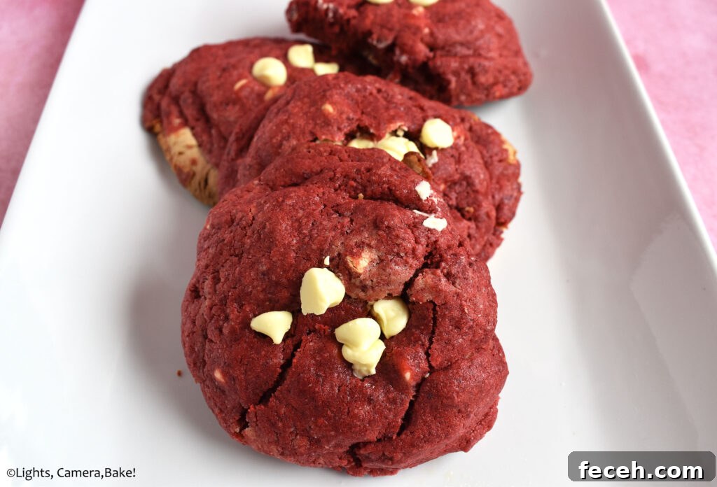red velvet cookies on a white plate.