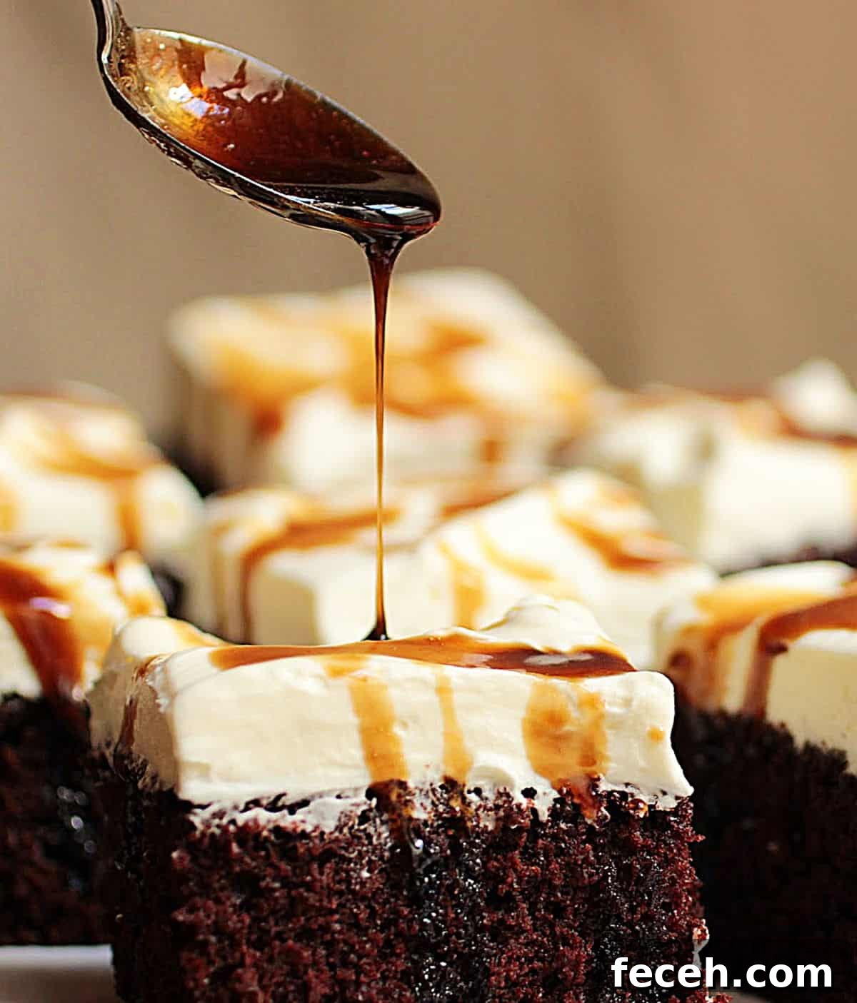Spoon dripping stout syrup over cream topped chocolate cake