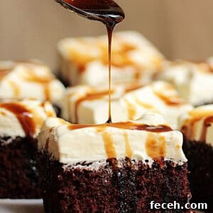 Stout syrup being poured over cream topped chocolate cake square