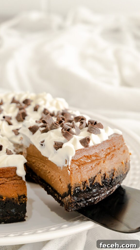 Slice of Instant Pot Mudslide Cheesecake with homemade Irish cream whipped cream with chocolate curls.