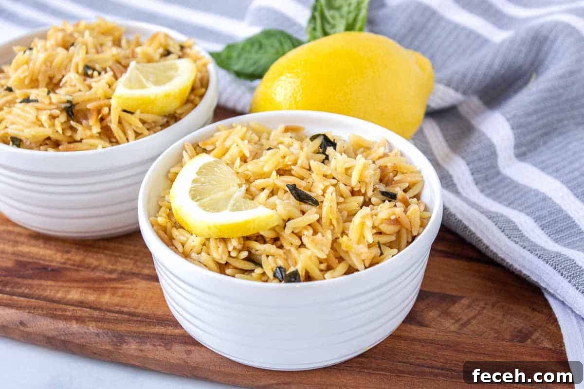 Ramekins filled with lemon parmesan orzo topped with a half lemon slice. There is fresh basil and lemon in the background.