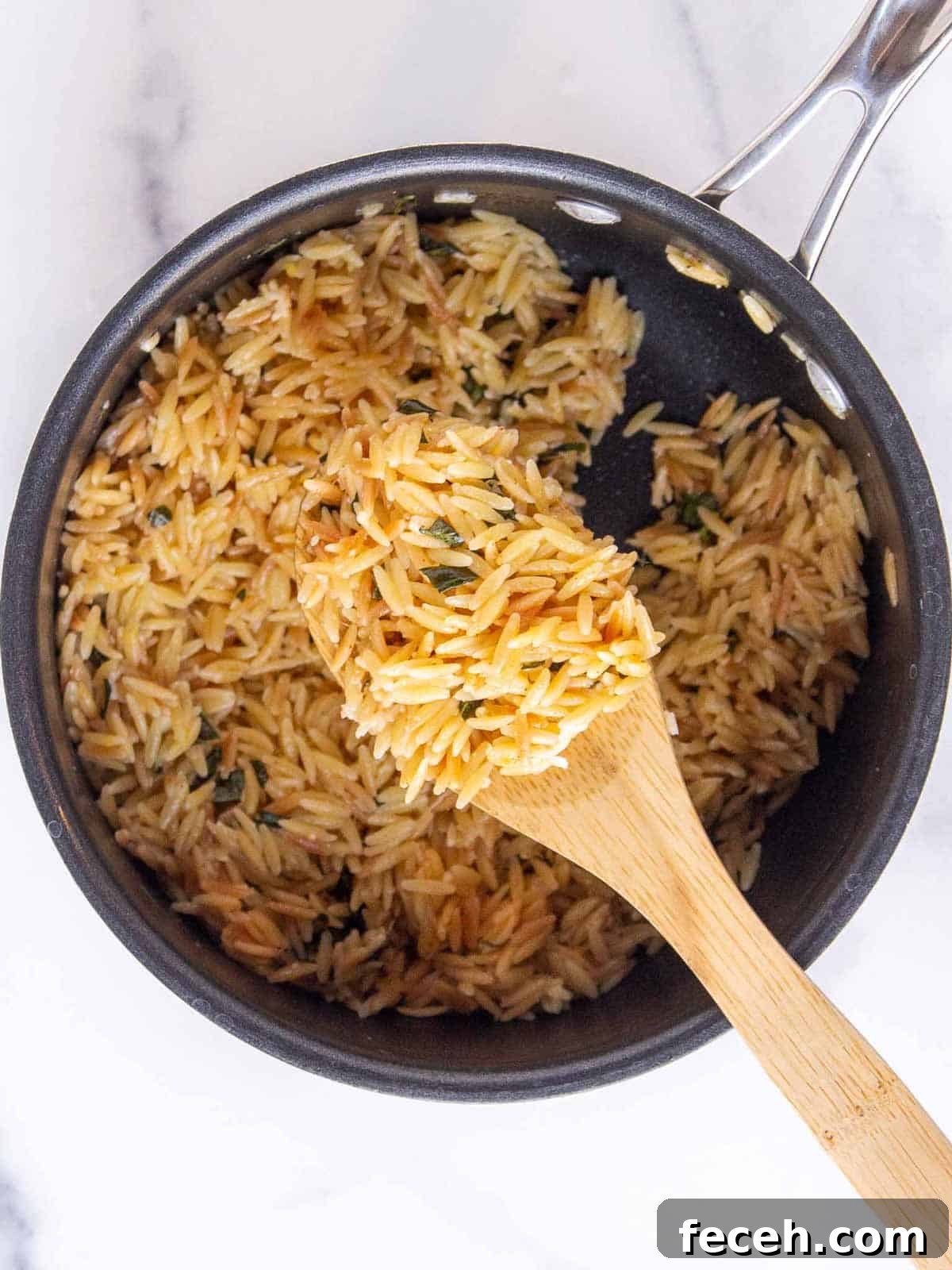 Orzo mixed with lemon juice, lemon zest, fresh basil, milk, parmesan, onion powder, and cayenne pepper.