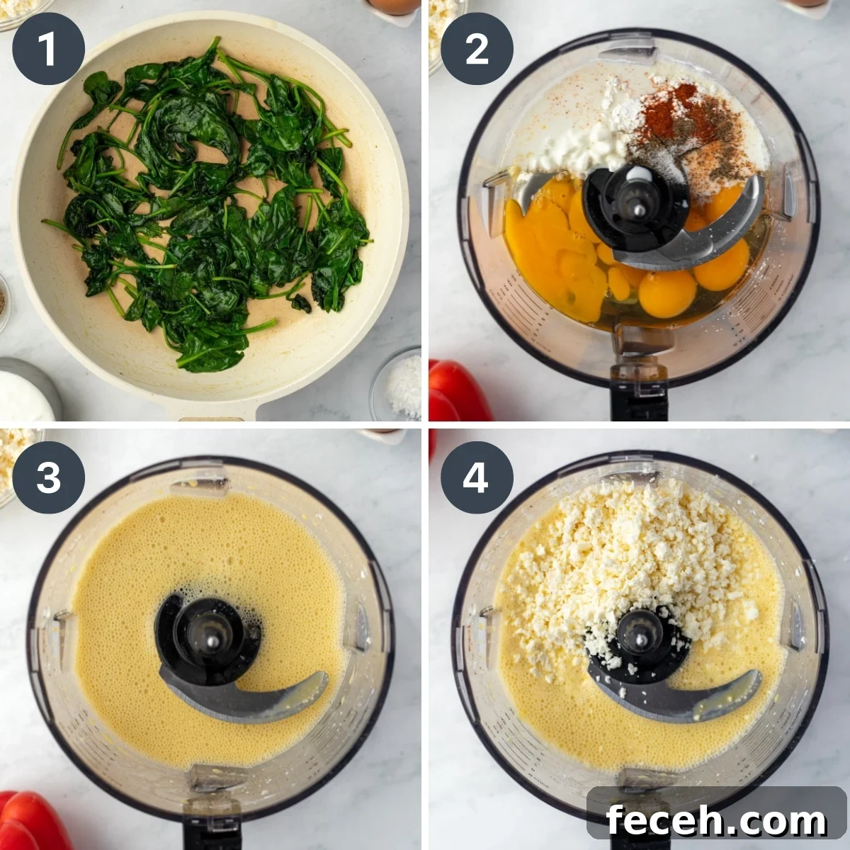 Mini Spinach and Feta Frittatas Recipe 4 Blending eggs with cottage cheese, then adding feta cheese.