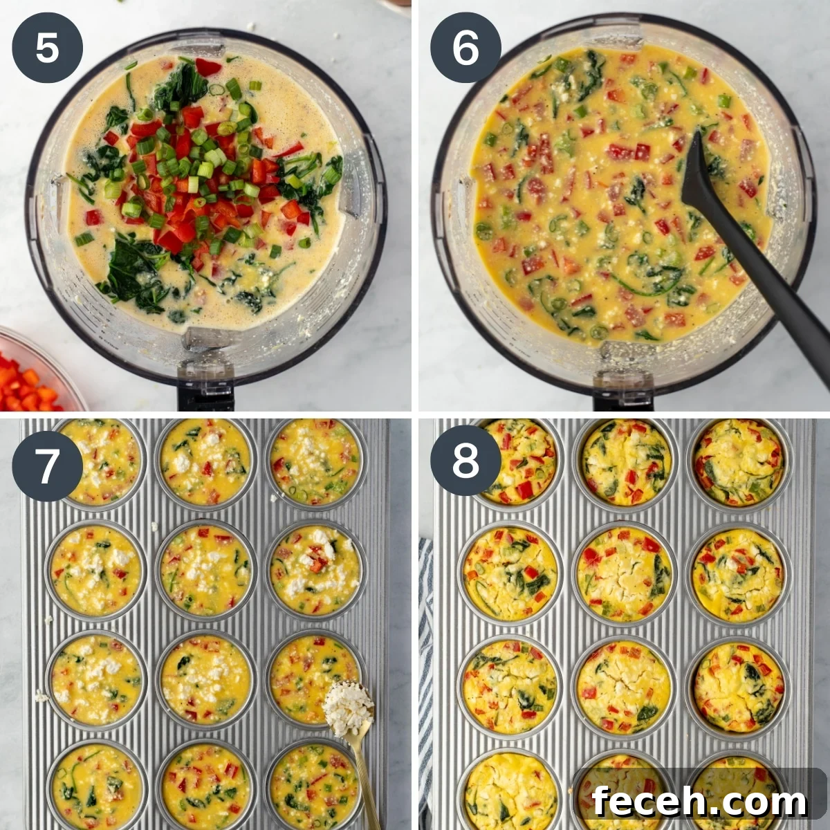 Mini Spinach and Feta Frittatas Recipe 5 Adding spinach and red pepper to blended eggs.