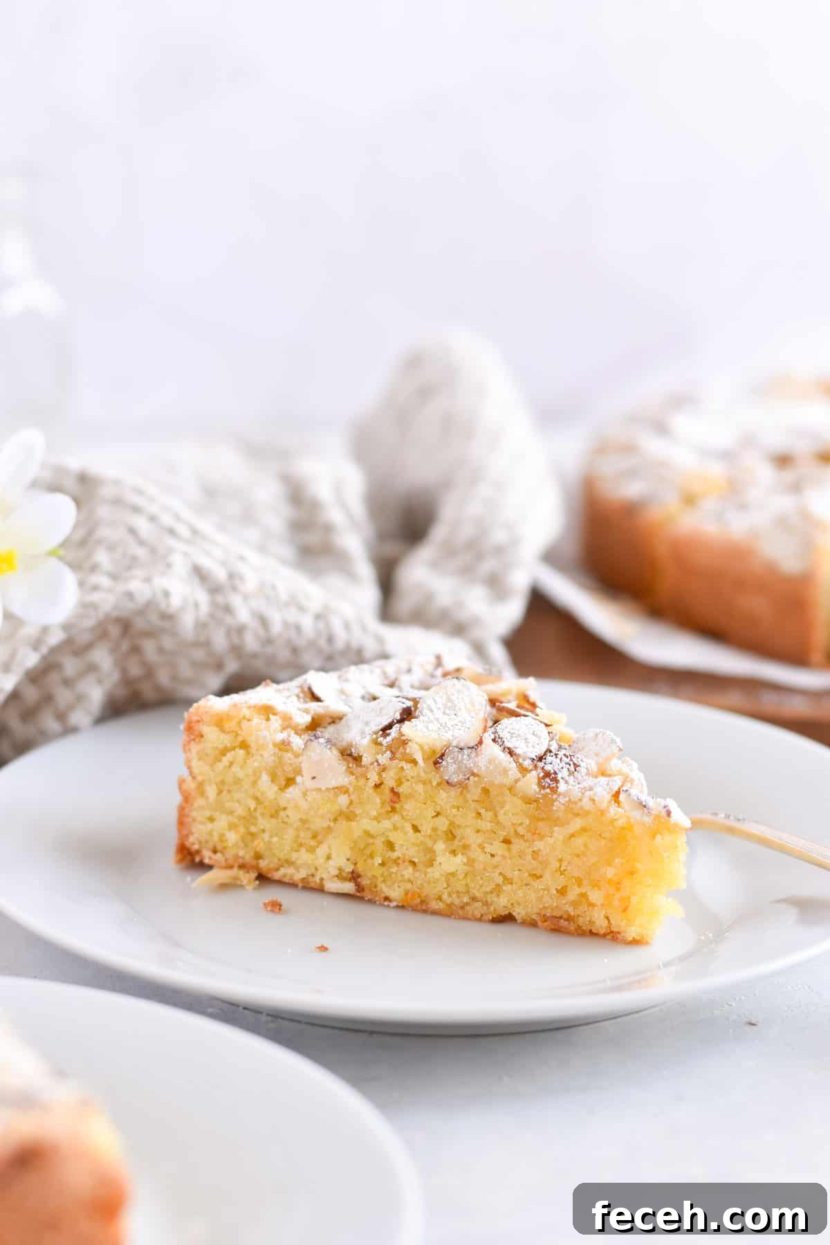 Authentic Italian Almond Cake Recipe — Light & Moist Semifreddo-Free 2 slice of italian almond cake on white plate.