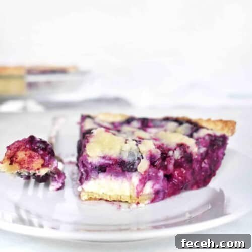 blueberry pie slice on plate with fork and bite out of it