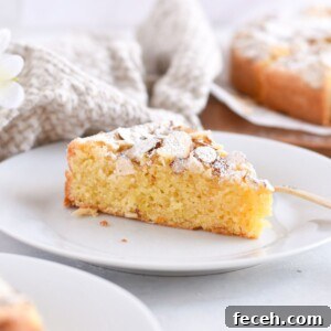 Authentic Italian Almond Cake Recipe — Light & Moist Semifreddo-Free 11 slice of almond cake on white plate.