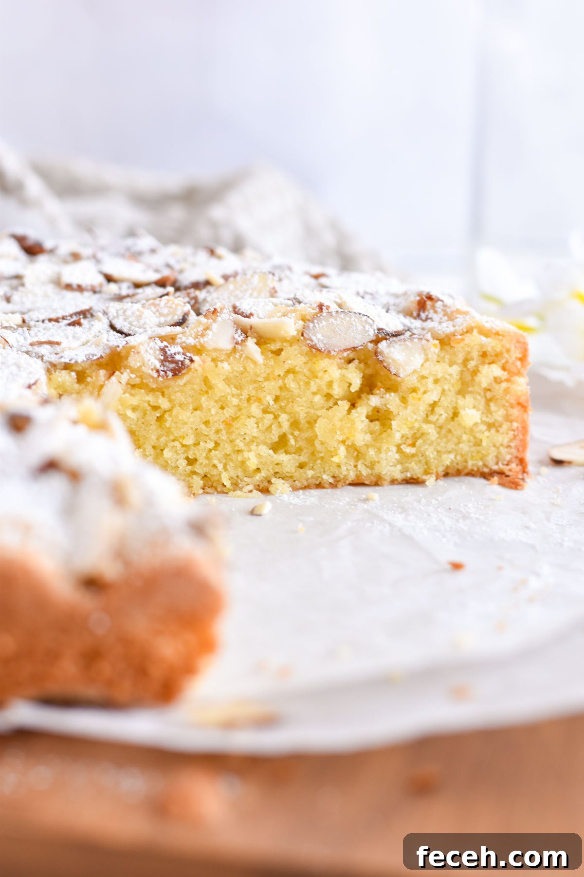 Authentic Italian Almond Cake Recipe — Light & Moist Semifreddo-Free 5 side view of cut open cake.