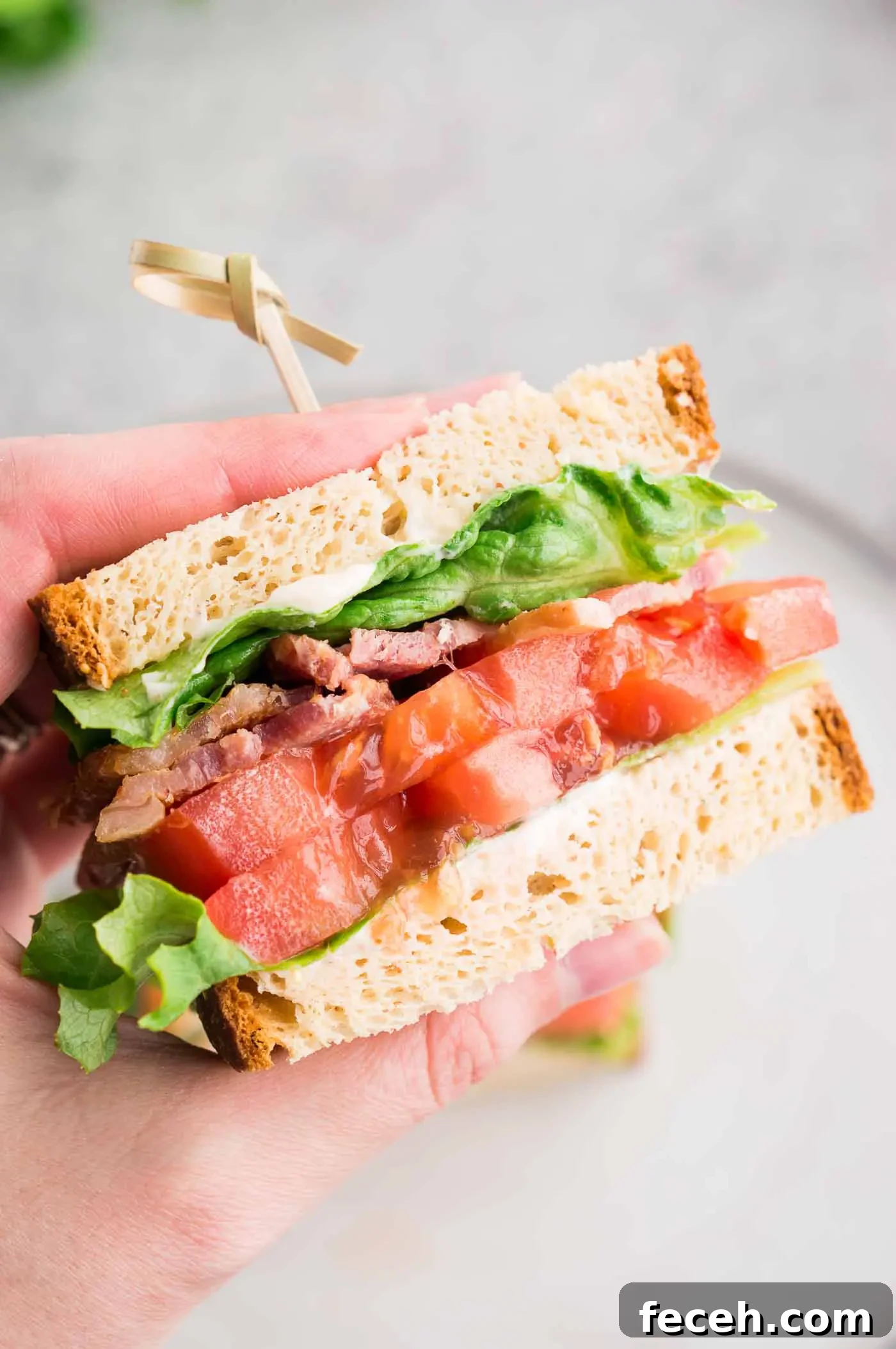 Classic BLT Sandwich Recipe: Crispy Bacon, Lettuce & Tomato 3 holding sliced tomato bacon sandwich