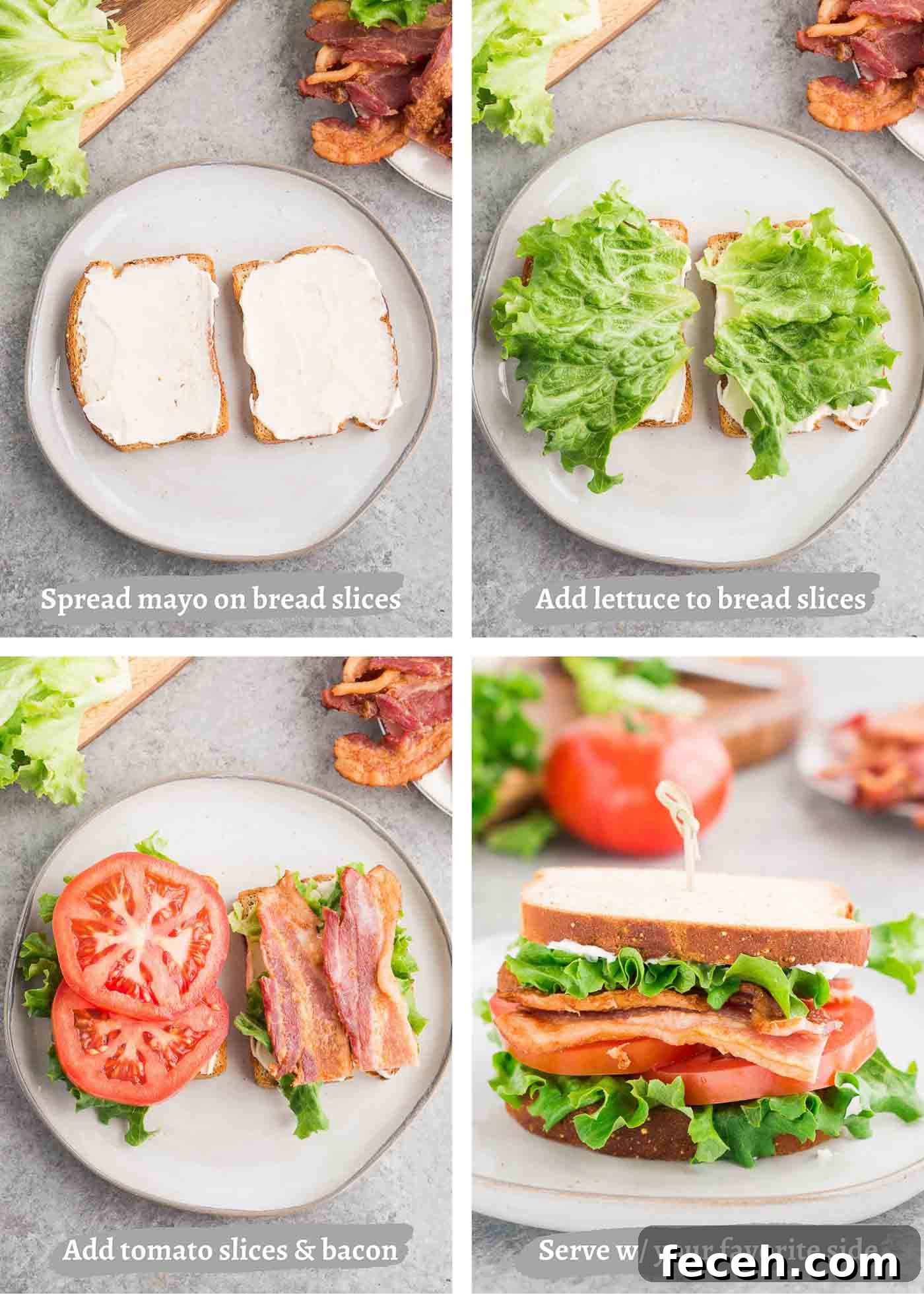 Classic BLT Sandwich Recipe: Crispy Bacon, Lettuce & Tomato 5 process shot of making BLT sandwich