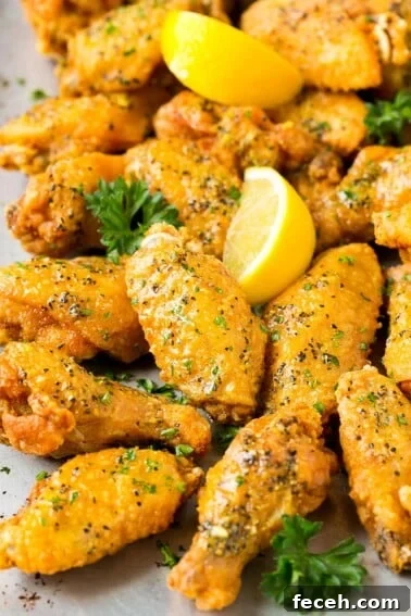 A tray of lemon pepper wings garnished with parsley and lemon.