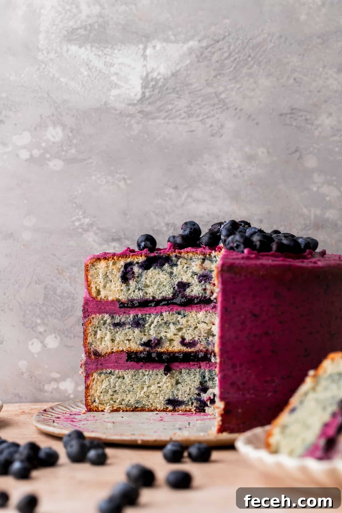 Blueberry cake on a platter opened up.