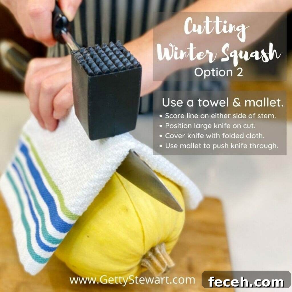 cutting winter squash with mallet