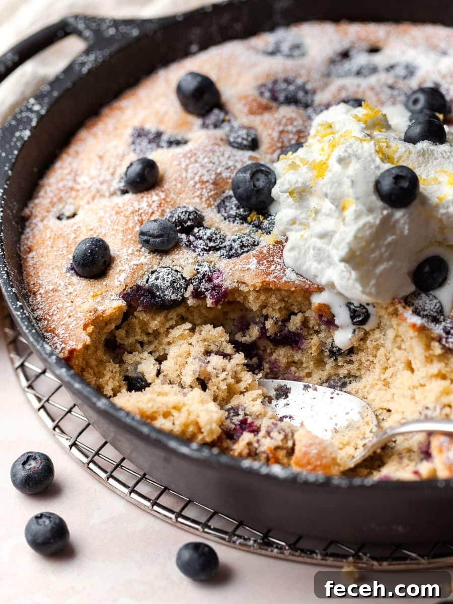 a gluten free breakfast cake with blueberries in a cast iron skillet topped with whipped cream, a spoon full of the cake has been removed