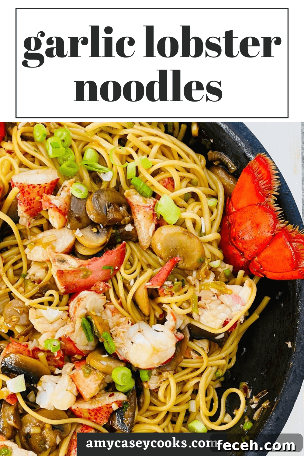 lobster noodles with mushrooms in a sauté pan.