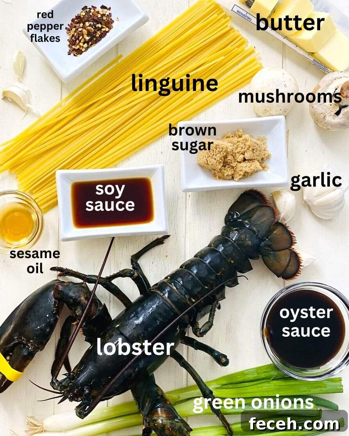 lobster, linguine, brown sugar, garlic, sesame oil, mushrooms.