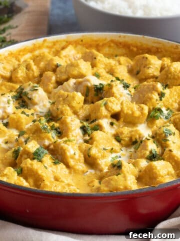 Quorn curry in a red pan.