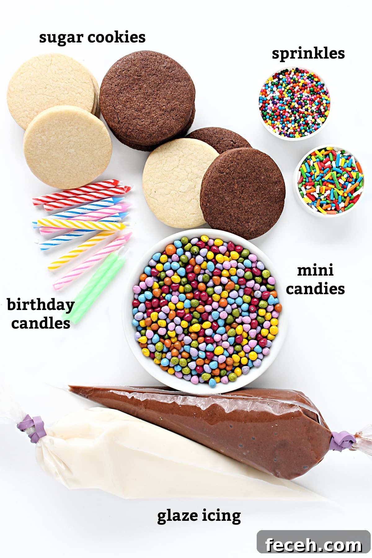Birthday Cake Cookie Recipe: Soft, Sprinkle-Stuffed Treats 3 Ingredients: sugar cookies, sprinkles, birthday candles, mini candies, glaze icing.