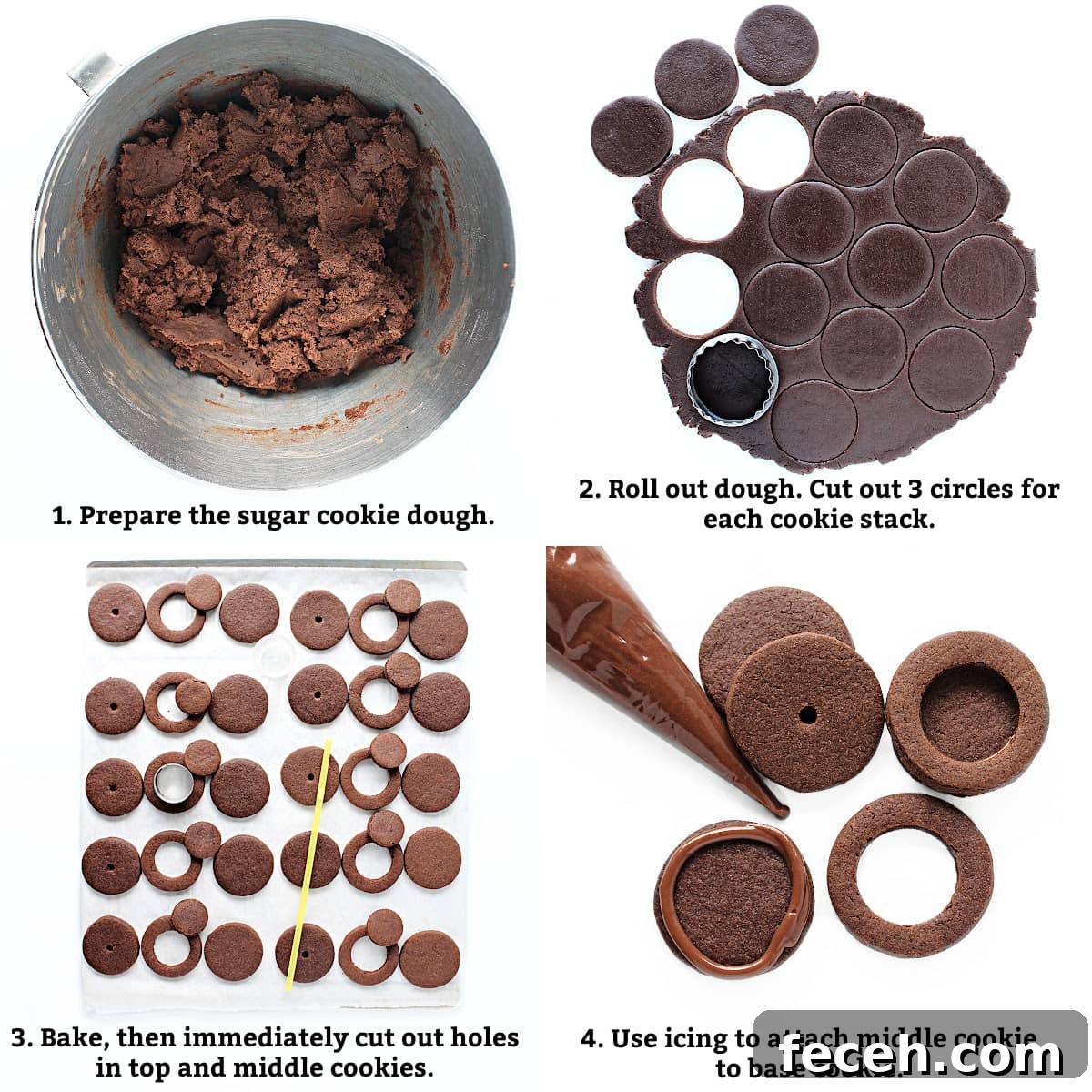 Birthday Cake Cookie Recipe: Soft, Sprinkle-Stuffed Treats 4 Instructions: prepare dough, roll/cut dough, bake/immediately cut holes, attach middle to base with icing.