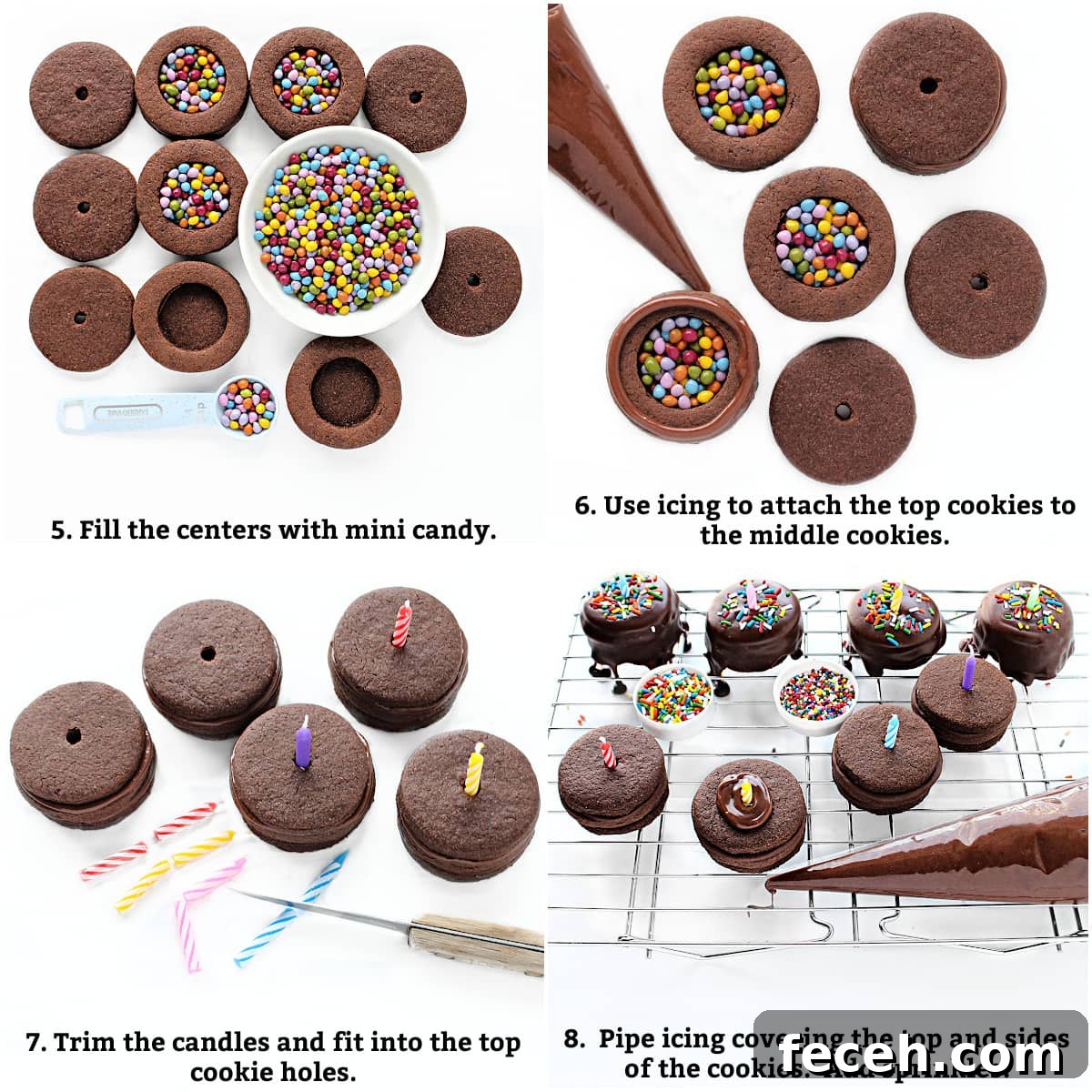 Birthday Cake Cookie Recipe: Soft, Sprinkle-Stuffed Treats 5 Instructions: add candy, attach top cookie with icing, insert candles, cover with icing, add sprinkles.