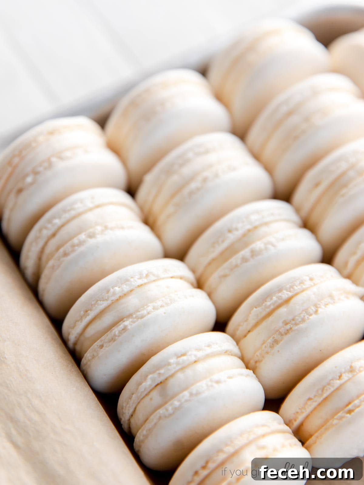 macarons with buttercream filling lined up in rows on a baking sheet
