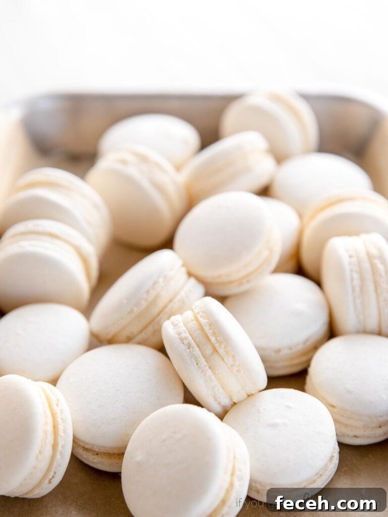 simple white macarons piled on a small baking sheet