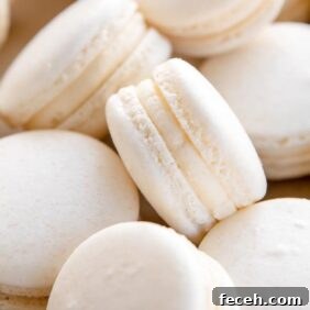 white macaron with buttercream filling leaning on its side on top of other macarons