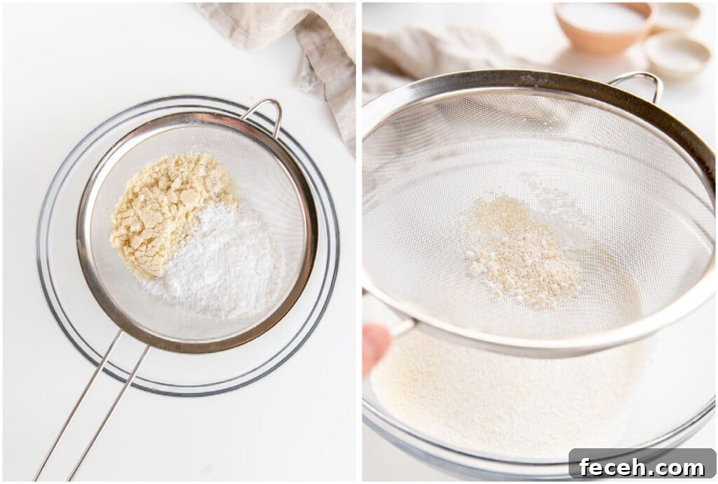 two photo collage demonstrating how to sift almond flour and confectioners' sugar for macarons