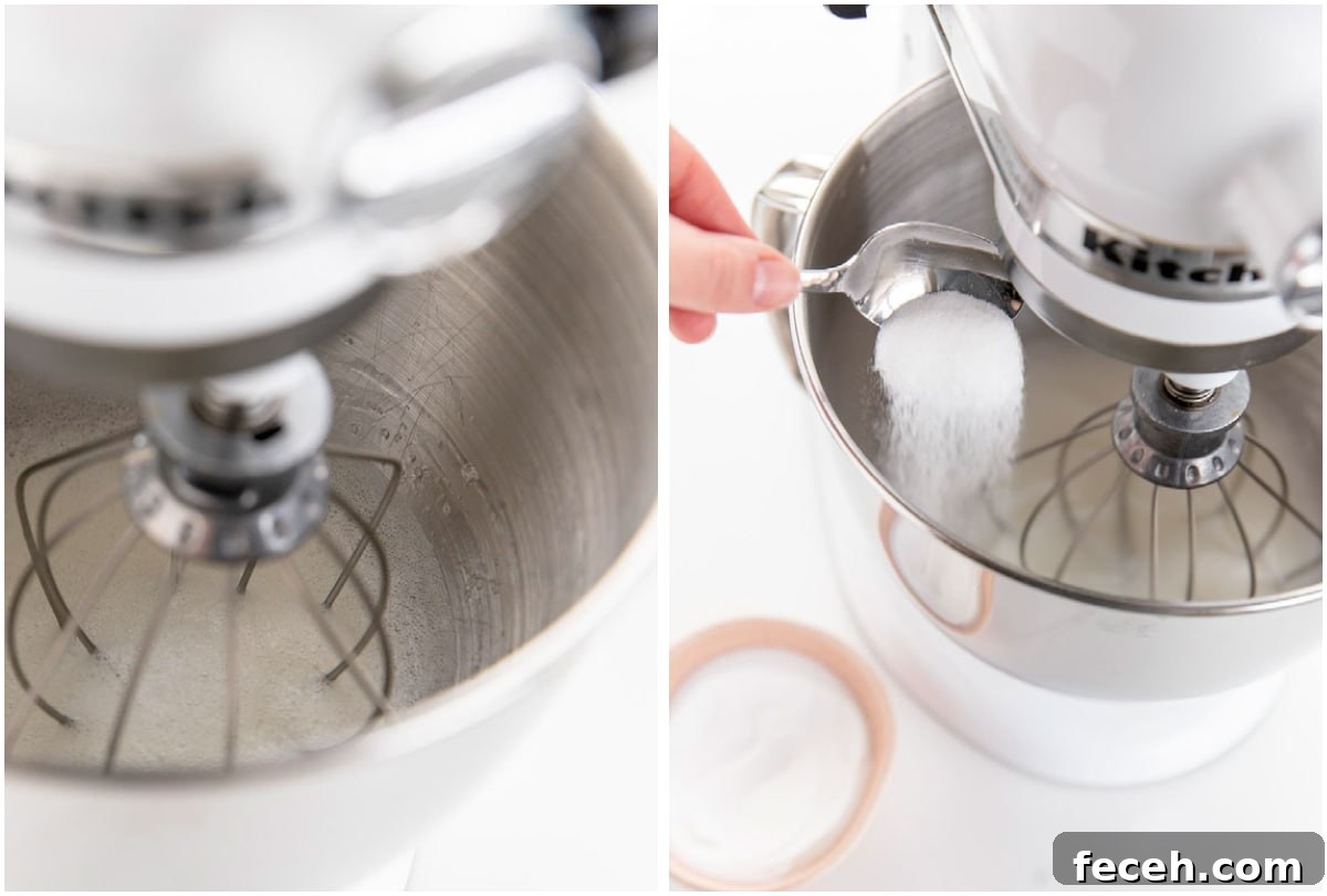 two photo collage demonstrating how to make egg whites frothy and add sugar to mixing bowl