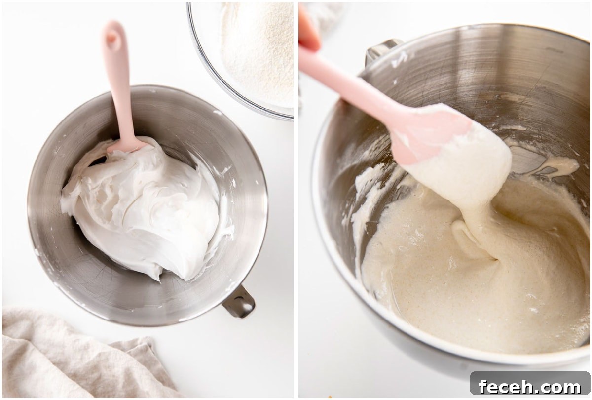 two photo collage demonstrating macaronage step for how to make macarons