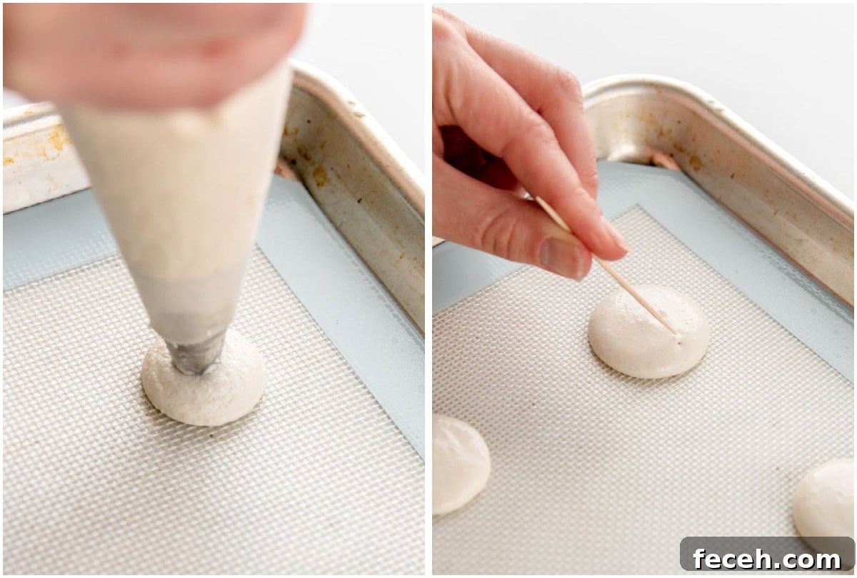 two photo collage demonstrating how to pipe macarons and pop air bubbles with a toothpick