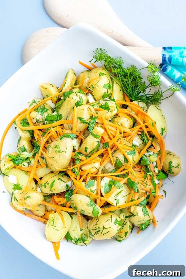 potato salad with carrots in a bowl, vegan recipe