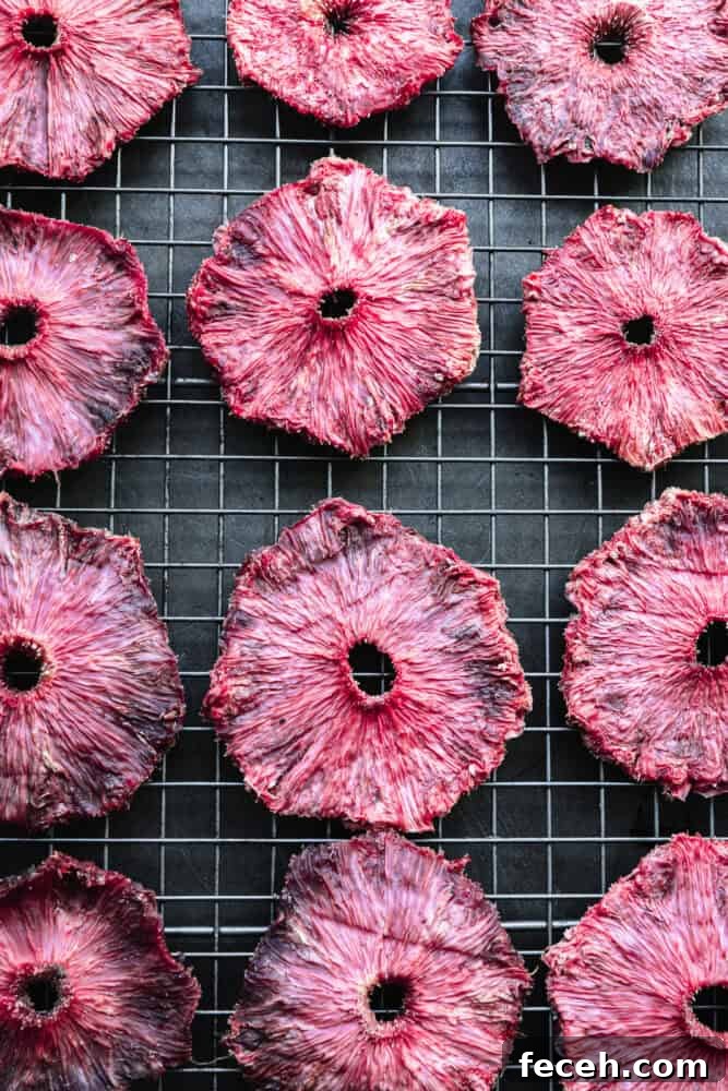 Oven dried pink pineapple rings on a wire rack — deep magenta, chewy, and caramelized after 8 hours.