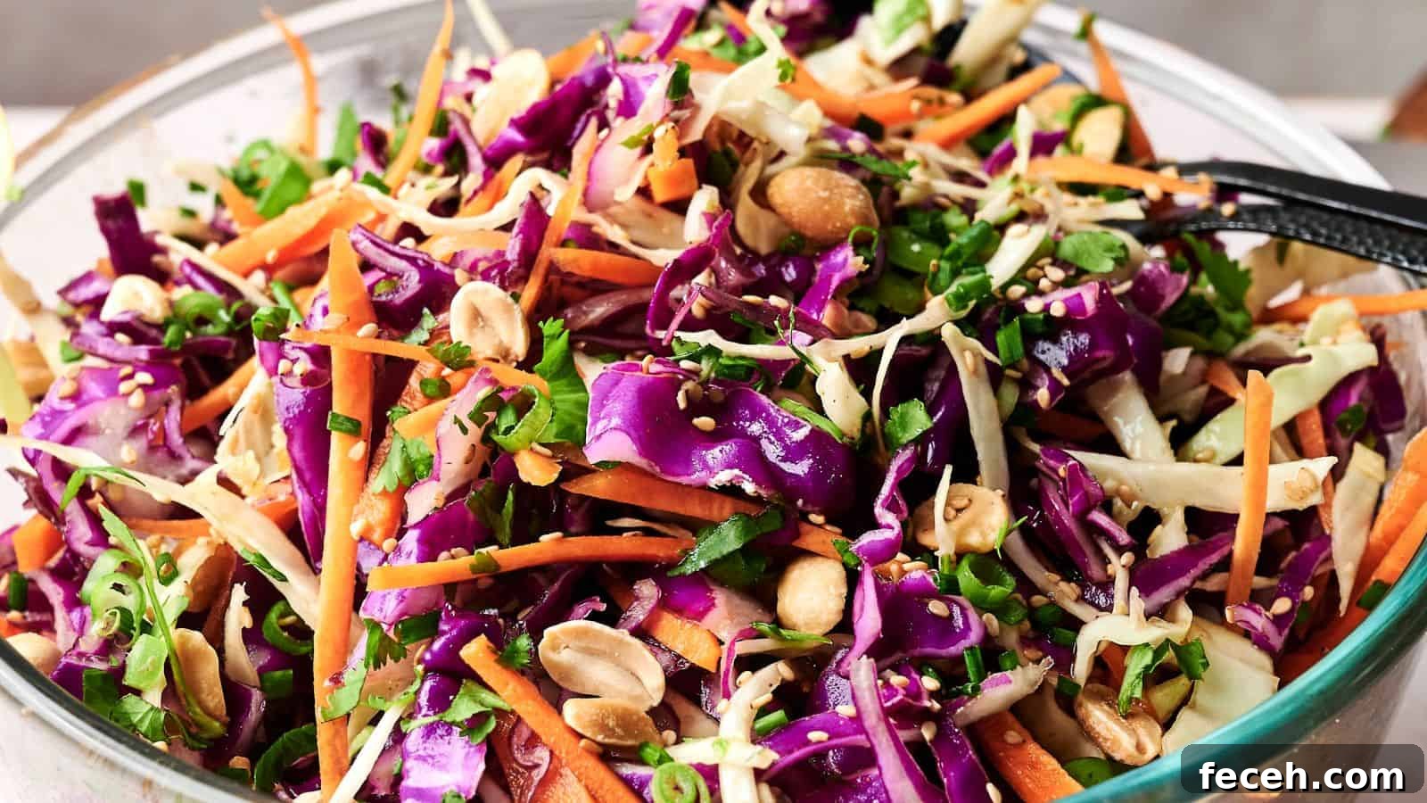 31 Asian Weeknight Dinners to Make Mealtime Exciting 11 A bowl of colorful coleslaw with shredded purple and green cabbage, carrots, chopped peanuts, and greens, mixed with dressing.