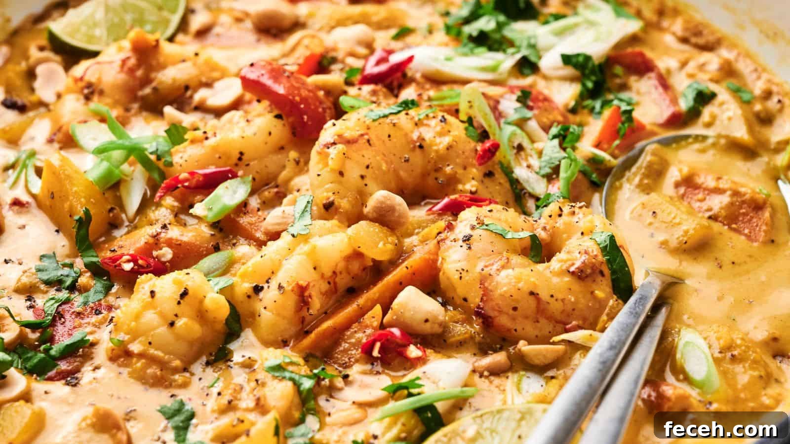 31 Asian Weeknight Dinners to Make Mealtime Exciting 20 A creamy shrimp curry with peppers, chopped nuts, sliced green onions, red chili slices, and lime wedges. Metal spoon submerged in the dish.