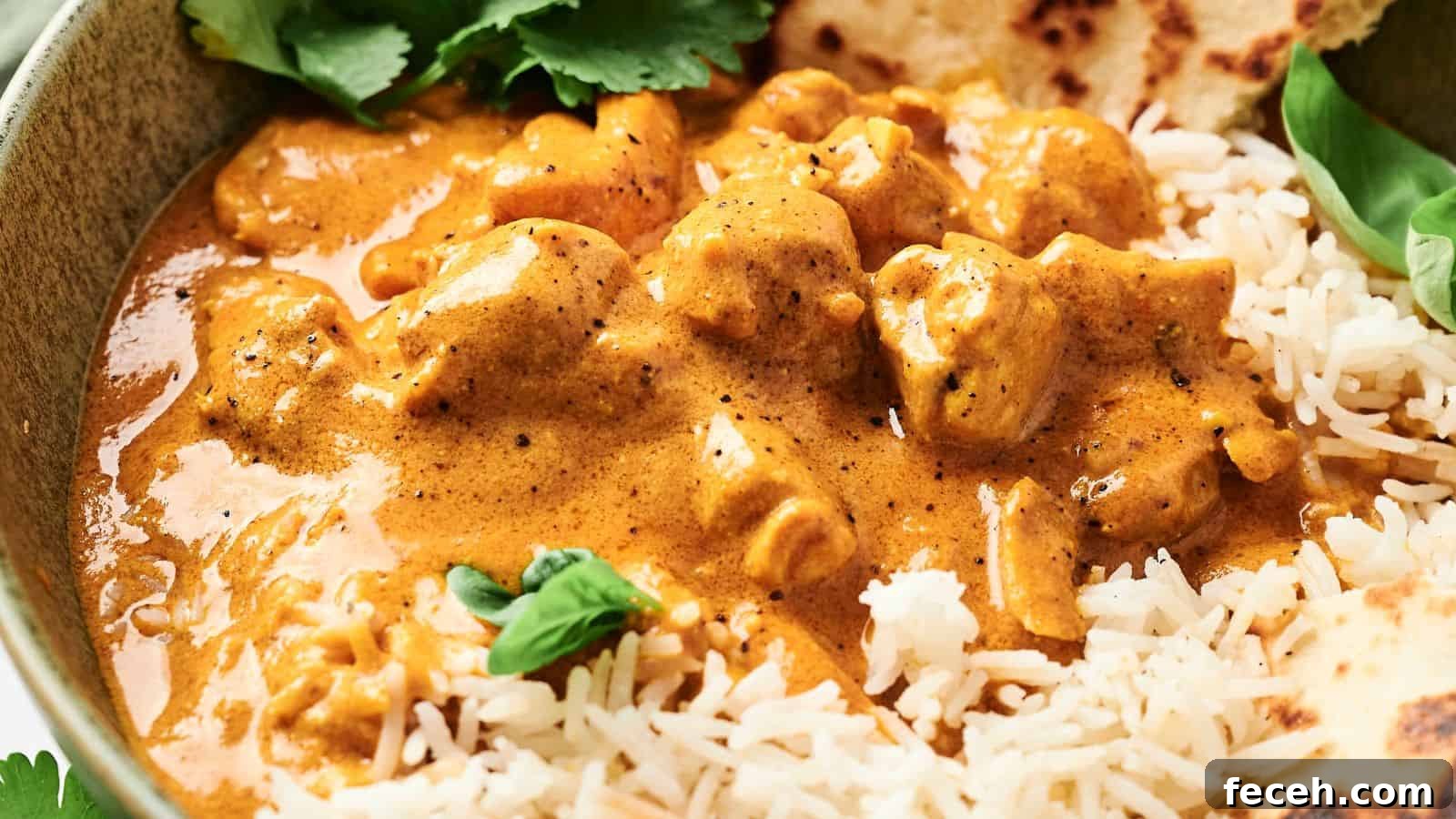 31 Asian Weeknight Dinners to Make Mealtime Exciting 25 A bowl of creamy curry with chicken pieces served over white rice, garnished with cilantro, and accompanied by flatbread.