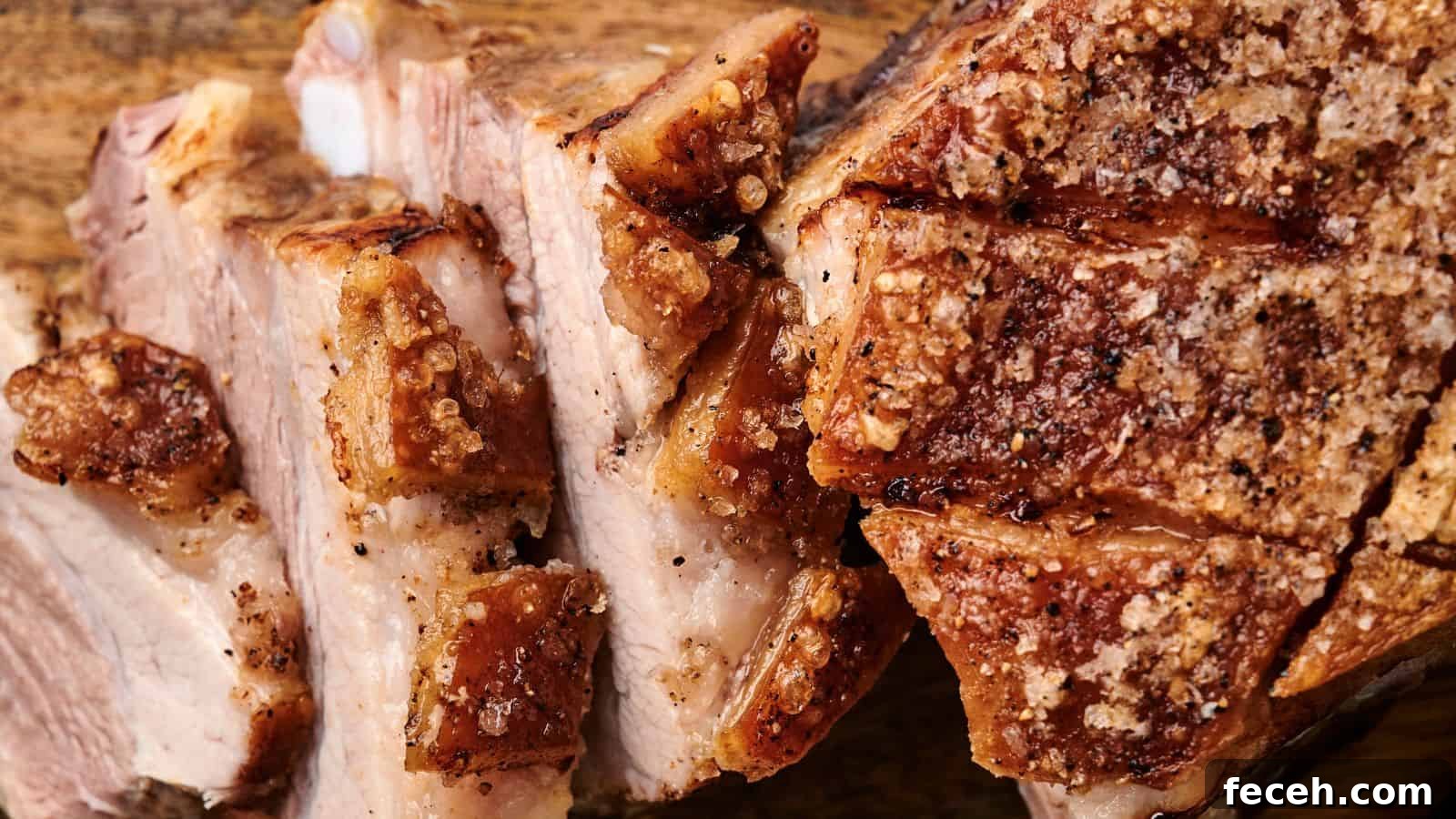 31 Asian Weeknight Dinners to Make Mealtime Exciting 6 Sliced roast pork with crispy, golden-brown skin on a wooden surface.