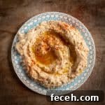 wooden bakground with pretty plate filled with homemade hummus drizzled with olive oil and smoked paprika