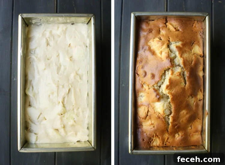 An overhead shot of two loaf pans showing Apple Fritter Bread before and after baking.