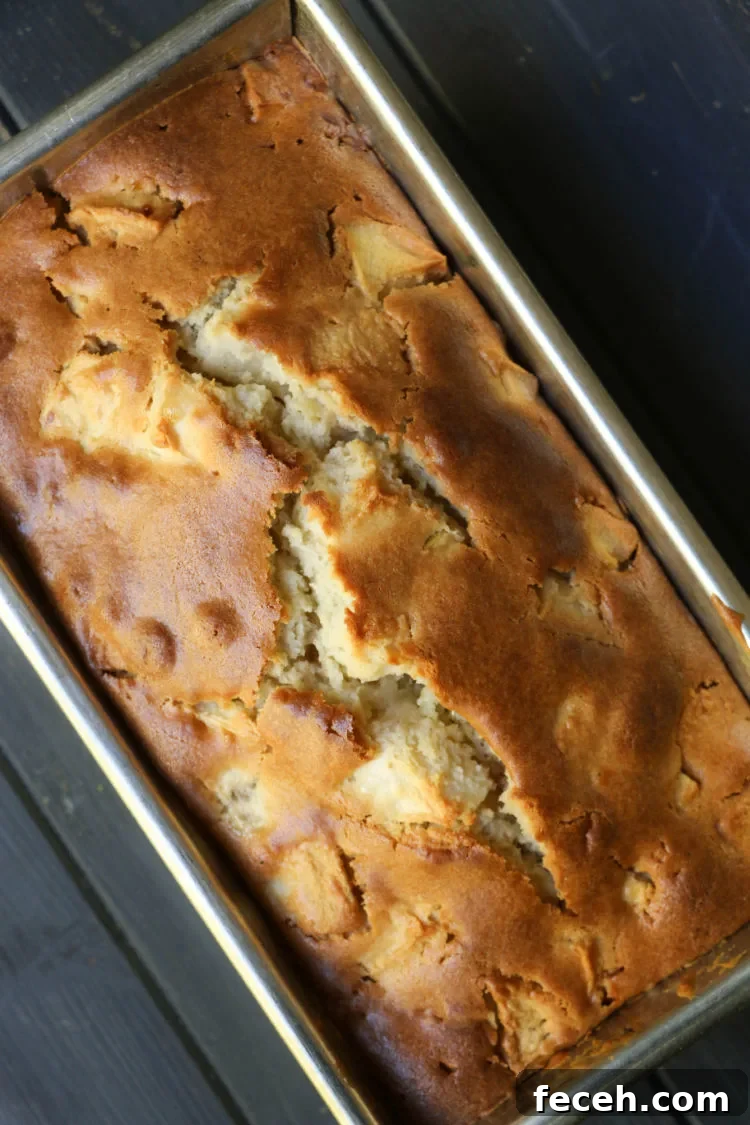 overhead shot of Apple Fritter Bread in a loaf pan after baking